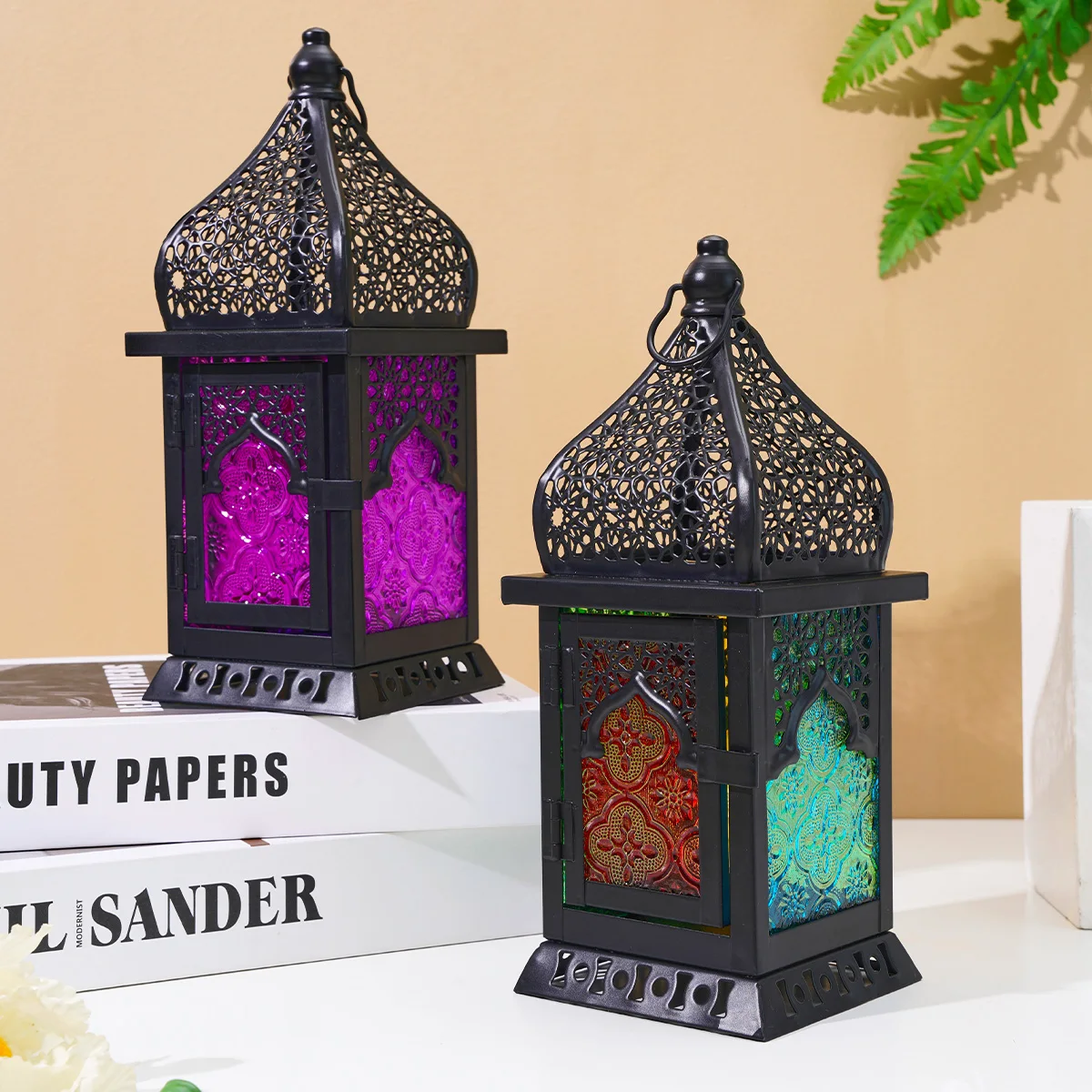 1PC, European-style castle-shaped hollowed-out patterned colored glass candlestick, ironwork hanging glass candlestick