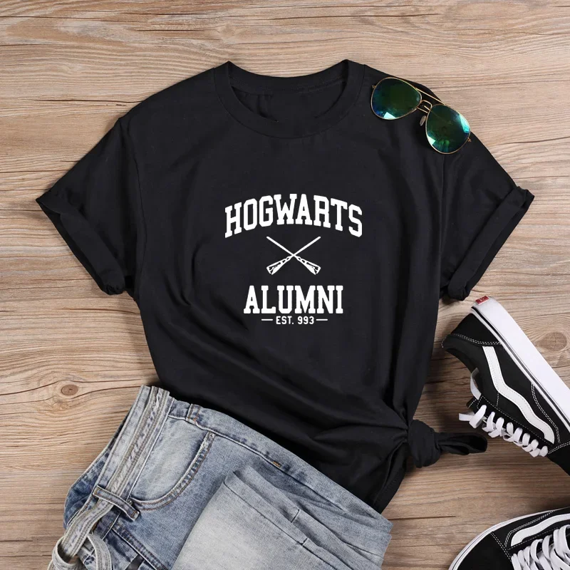 Frauen Harajuku Oansatz Damen Top T Shirt Femme Schwarz Weiß Hogwarts Mode T-shirt Sommer Baumwolle T