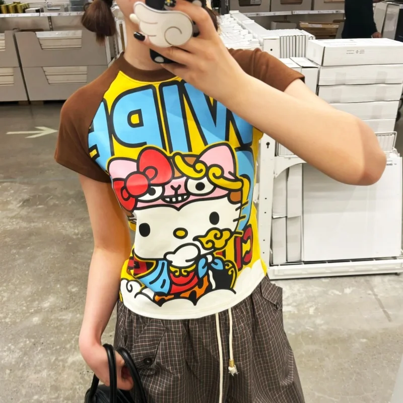 New Hello Kitty Kawaii Anime Fashion Short Tops Y2k Summer Cute Tees Cartoon Printed High Street Gothic Short Sleeve T-shirts