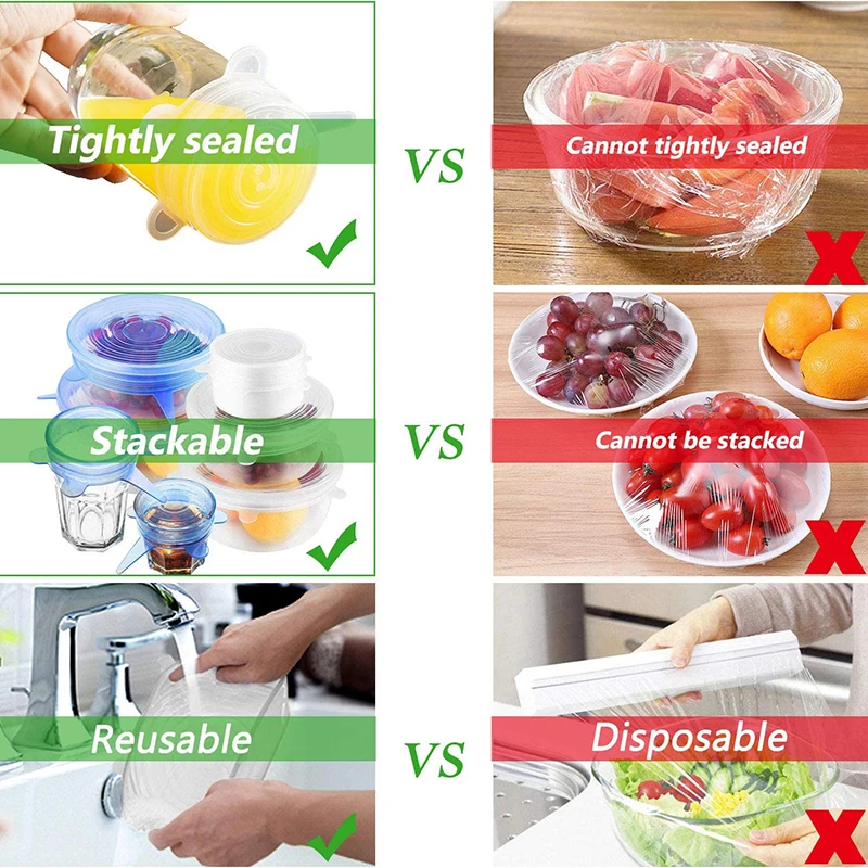 6pcss Silicone Cover Stretch Lids Reusable Universal Silicone Bowl Pot Lid Food Fresh Bowl Cover Kitchen Accessories silicone covers bowl cover silicone pot lid