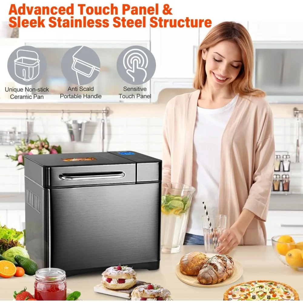 710W dual heater, 17 in 1 bread maker stainless steel, bread maker with automatic nut dispenser and ceramic plate 6