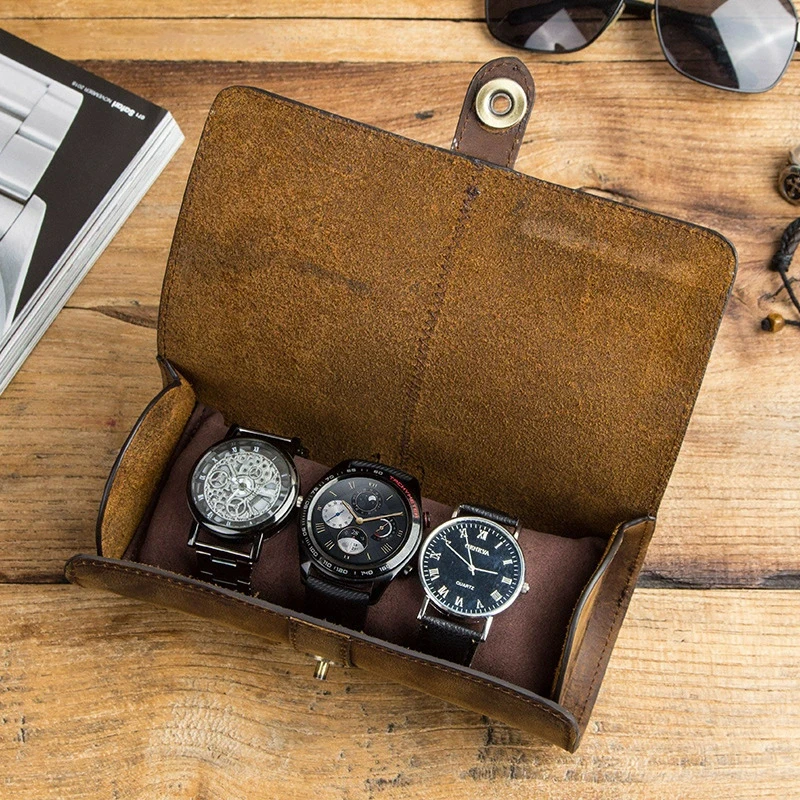 Leather Watch Box uxury Handmade Watch Roll Box Organizer 3 Slots Travel Leather Case Holder Storage