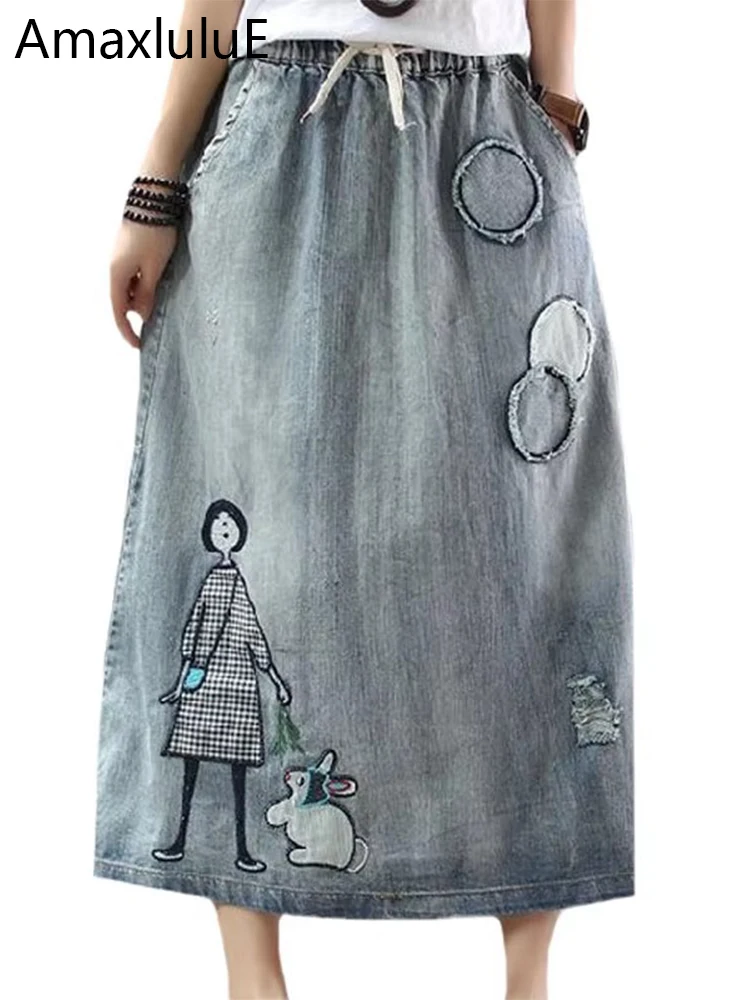 554830-01d3e9.jpg Amax luluE Korean Fashion Streetwear Womens Summer Classic Embroidery Loose Denim Skirts Ladies Casual Vintage Cartoon Clothes - Image 1