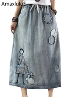 Amax luluE Korean Fashion Streetwear Womens Summer Classic Embroidery Loose Denim Skirts Ladies Casual Vintage Cartoon Clothes