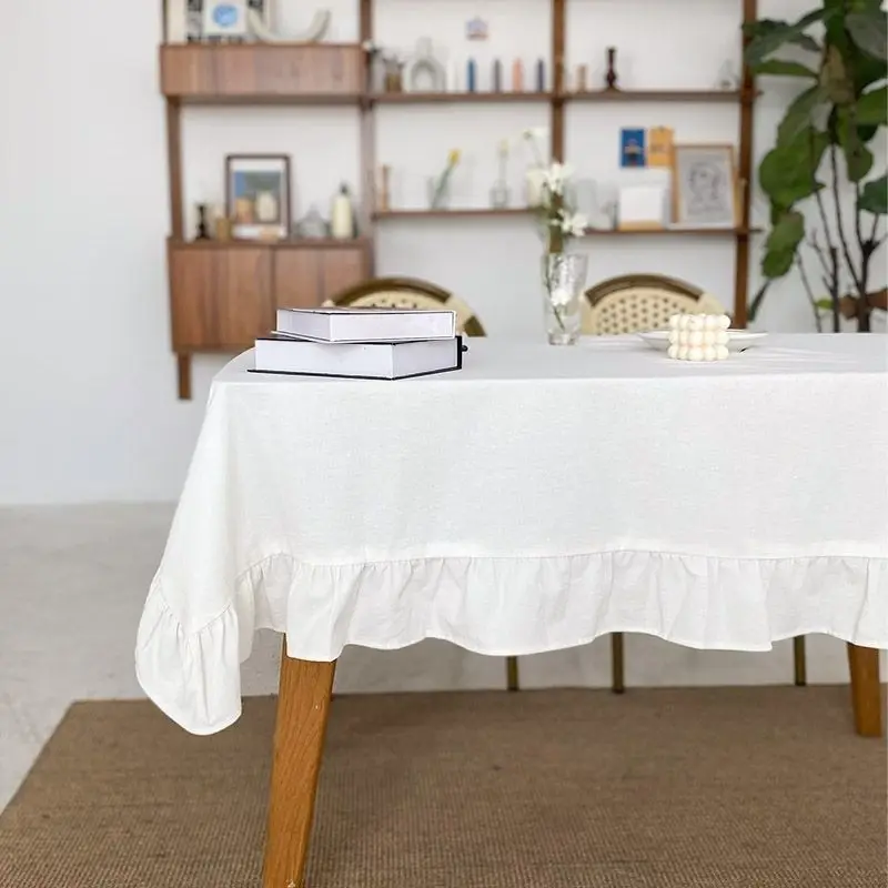 Table Cloth Rectangular Tablecloth White Tablecloth Washable Vintage Ruffle Trim Table Cover for Boho Wedding Tabletop Bridal Baby Shower Birthday Party Decoration