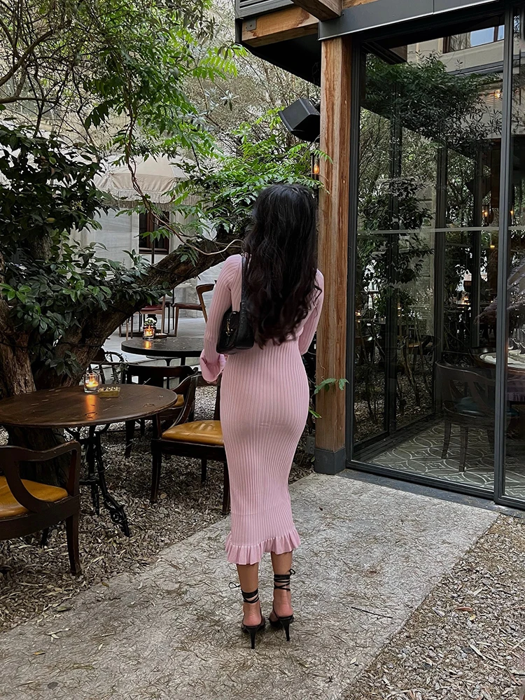 Ruffled Knit Long Dress For Women Lapel Slim High Waist Single Breasted Sweater Maxi Dress Elegant Ladies Party Dresses