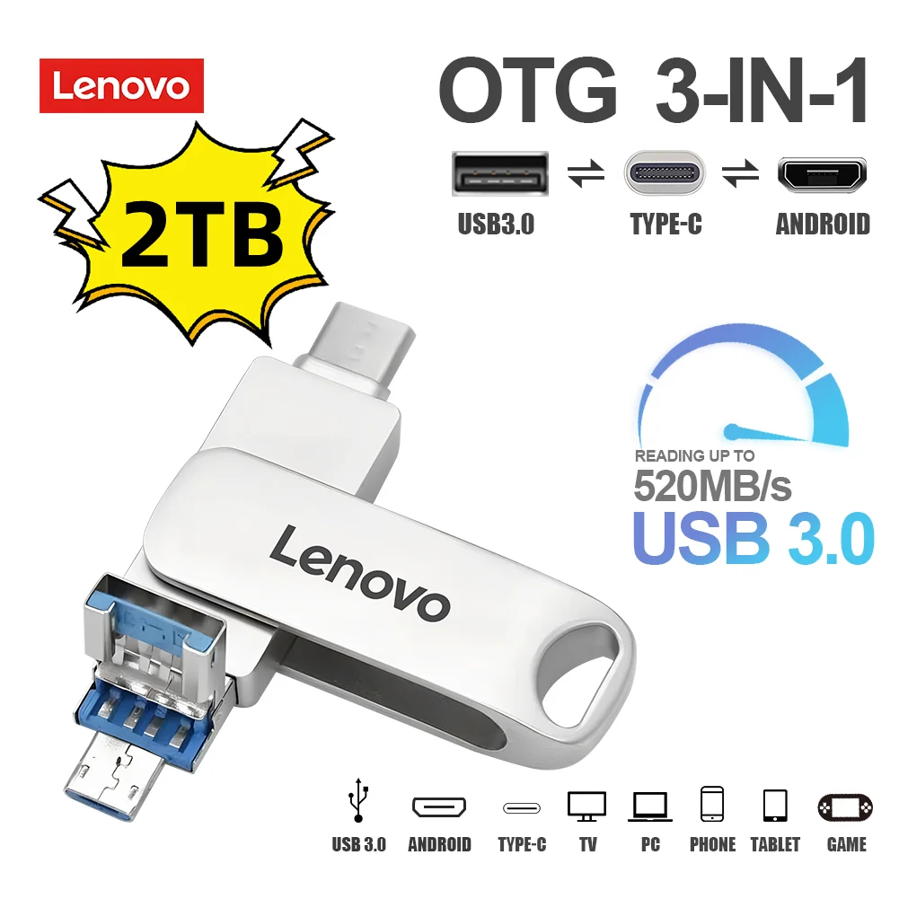 

Lenovo 3-в-1 OTG USB 3,0 и Type-C высокоскоростной флеш-накопитель, флэш-накопитель USB 128 ГБ 256 ГБ, флэш-накопитель 512 ГБ для ПК, ТВ