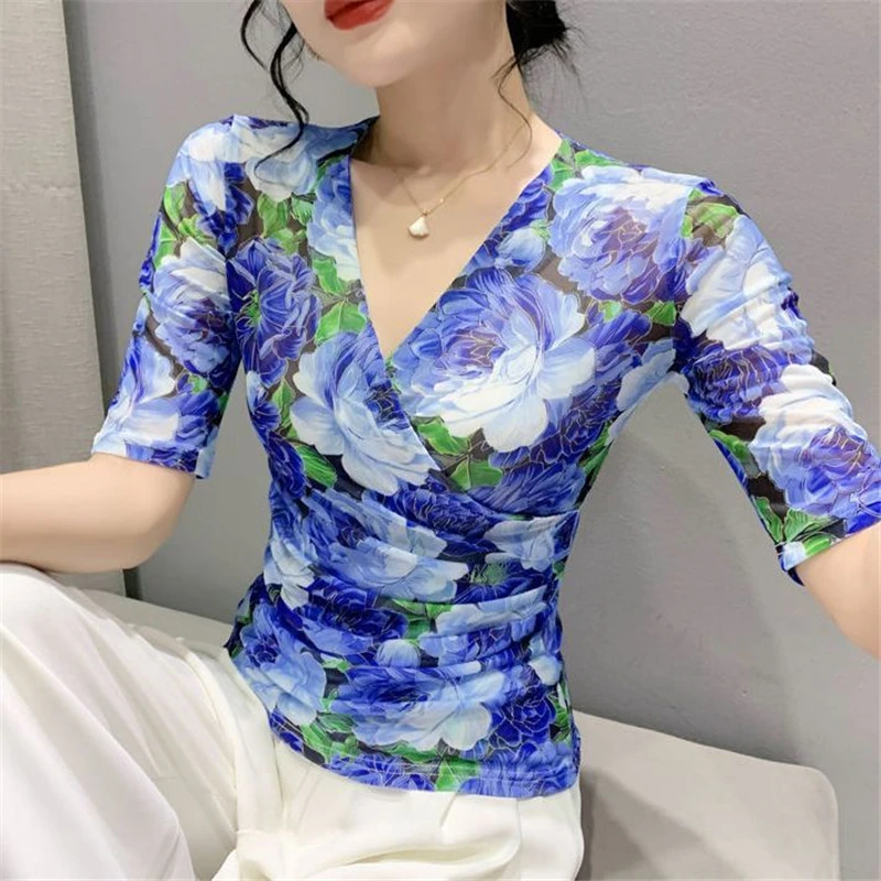 Women\'s Clothing Ruched Sexy Sheer Mesh V-neck Elegant Basic T-shirt Spring Summer Fashion V Neck Tie Dye Floral Print Slim Tops