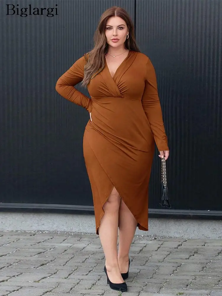 

Plus Size Autumn Winter Midi Dress Women V-Neck Bodycon Sexy Split Fashion Pleated Ladies Dresses Long Sleeve Woman Dress 2023