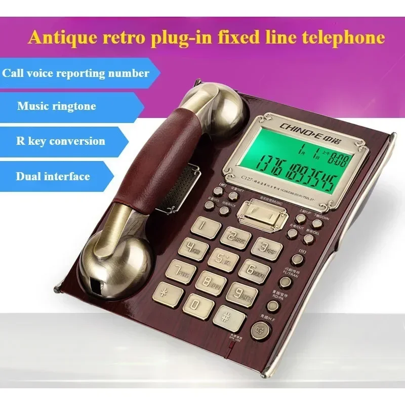 家庭用壁掛け木製固定電話、リダイヤル機能付きクラシックな昔ながらの