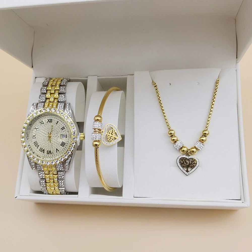 Women Watch Luxury Elegant Quartz Watches For Ladies Icy Party Jewelry Set Stainless Steel Heart Love Pendant Necklace For Women
