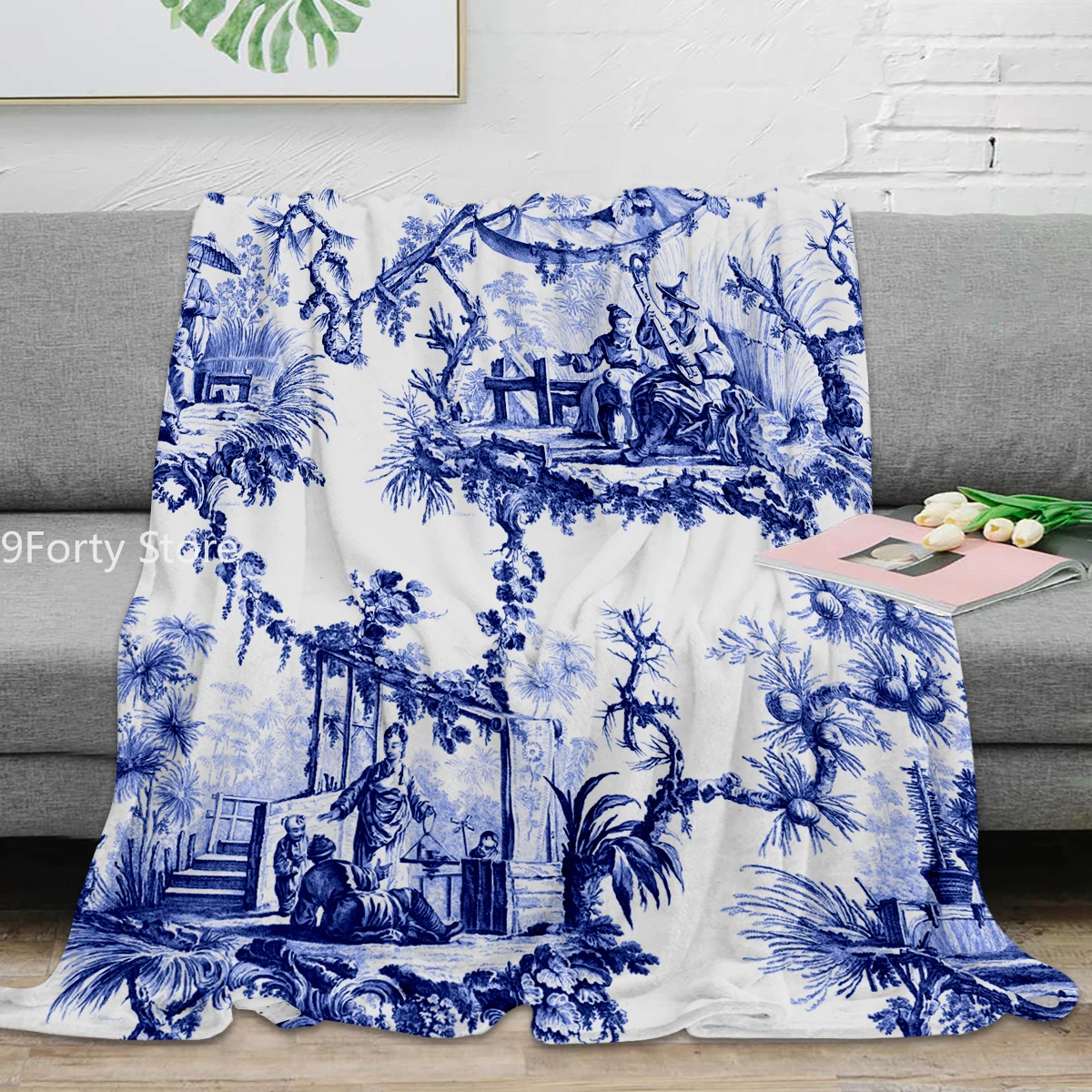 

Ancient China Blue Willow Blanket Blue Chinoiserie Toile Throw Blankets Warm Microfiber Blanket Flannel Blankets for Couch Bed