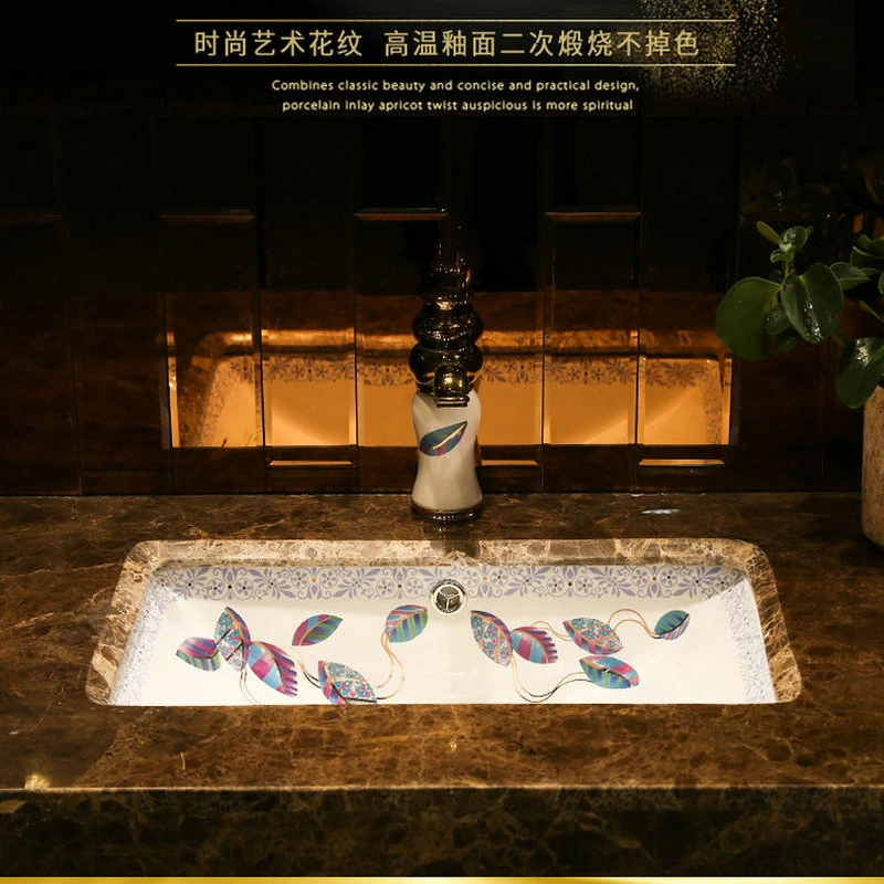 

Artistic Home Decoration Colorful Leaves Rectangular Under Counter Ceramic Wash Basin Bathroom Sink
