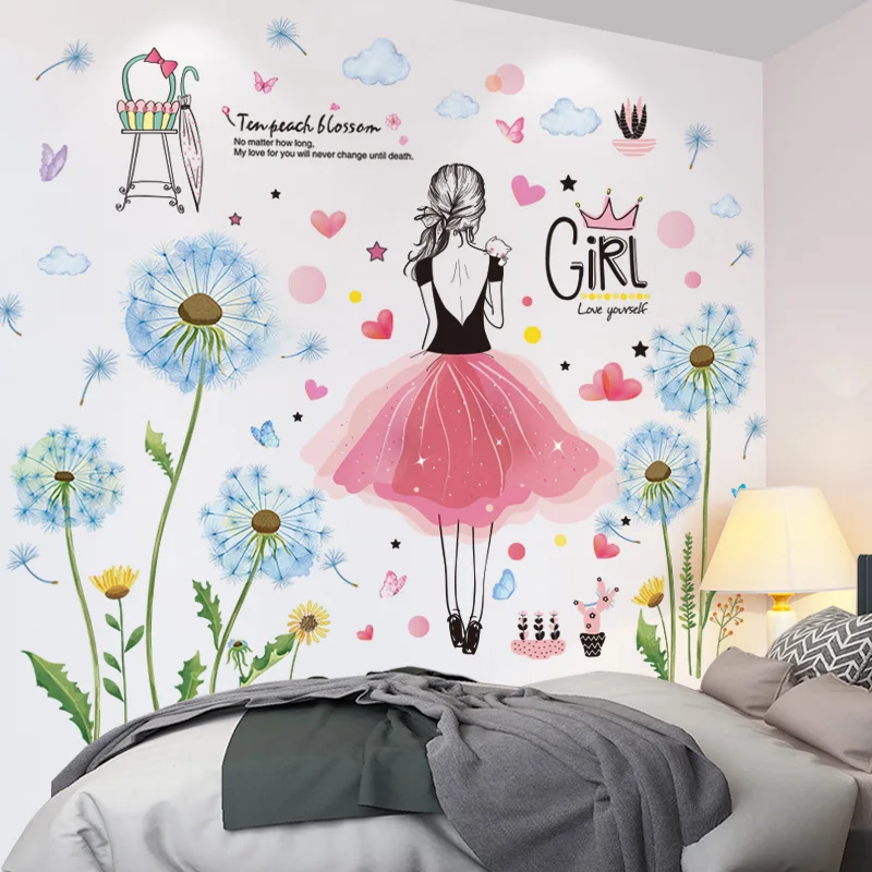 

Cartoon Girl Wall Stickers Vinyl DIY Blue Dandelion Flowers Wall Decals for Kids Rooms Baby Bedroom Nursery Home Decoration