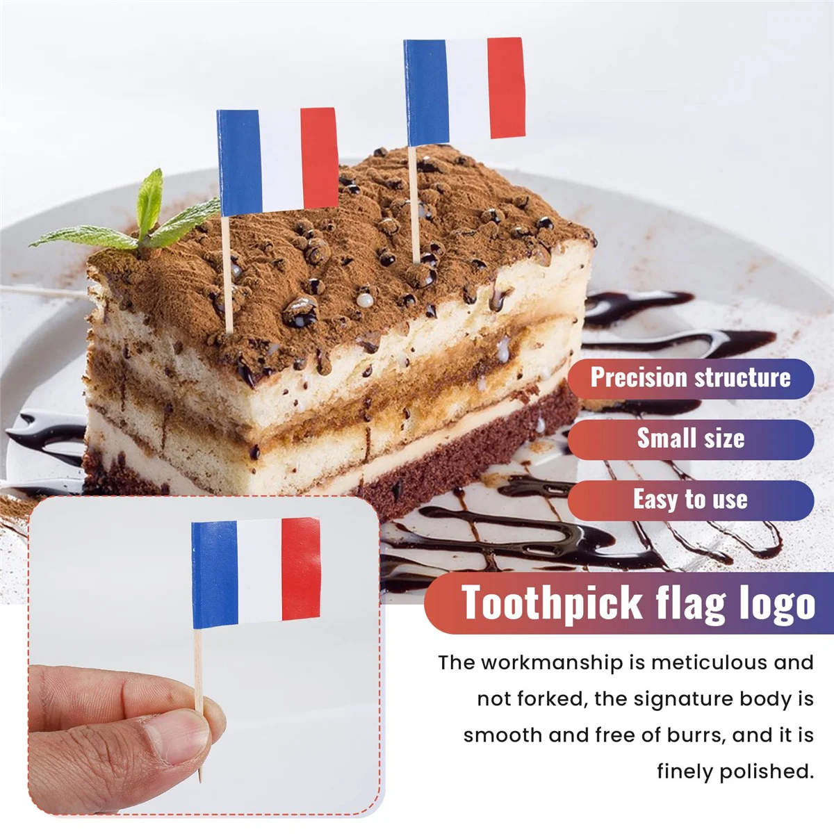 Lot of 50 Pcs Mini Wooden Toothpick with Flag for Decor of Party Fruit Pastry-France (Blue, White, Red)