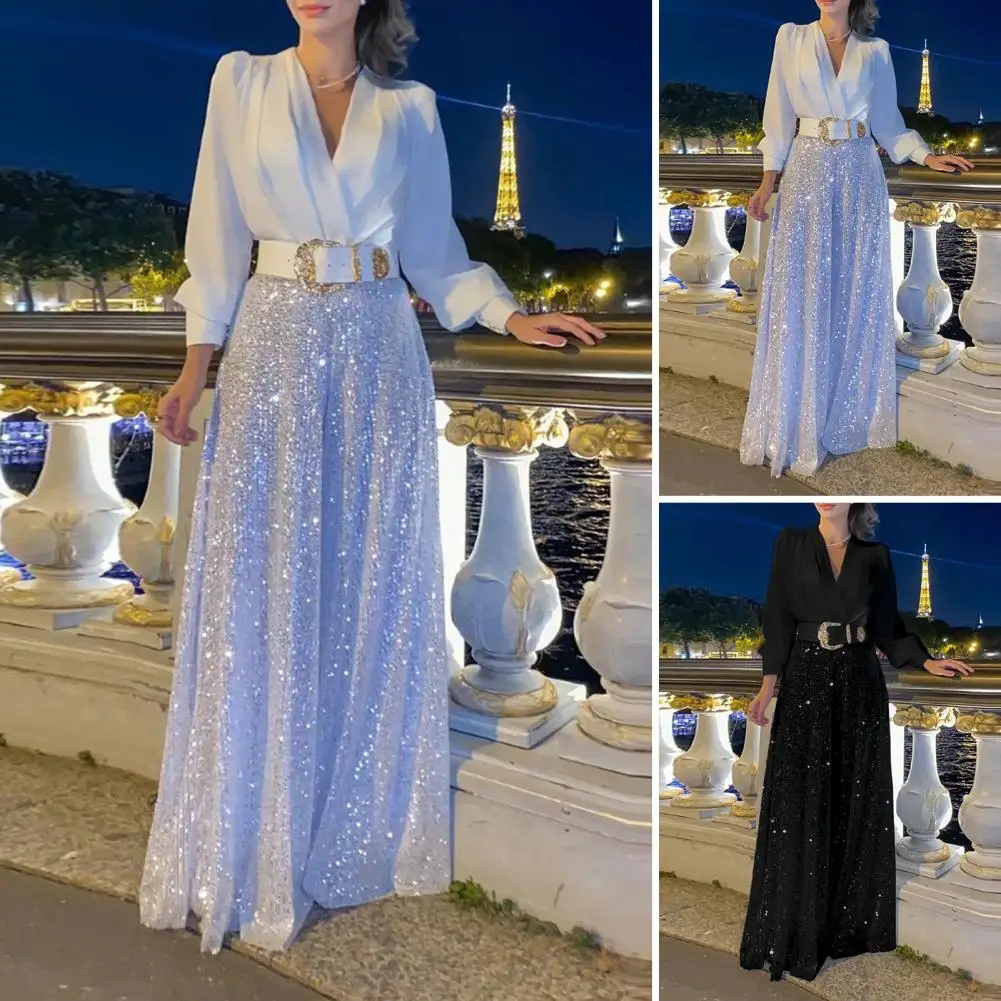 Women Wide-leg Jumpsuit Elegant Ladies' Shiny Sequin Prom Jumpsuit Wide Leg Long Sleeve V Neck for Parties Evening Events Ladies
