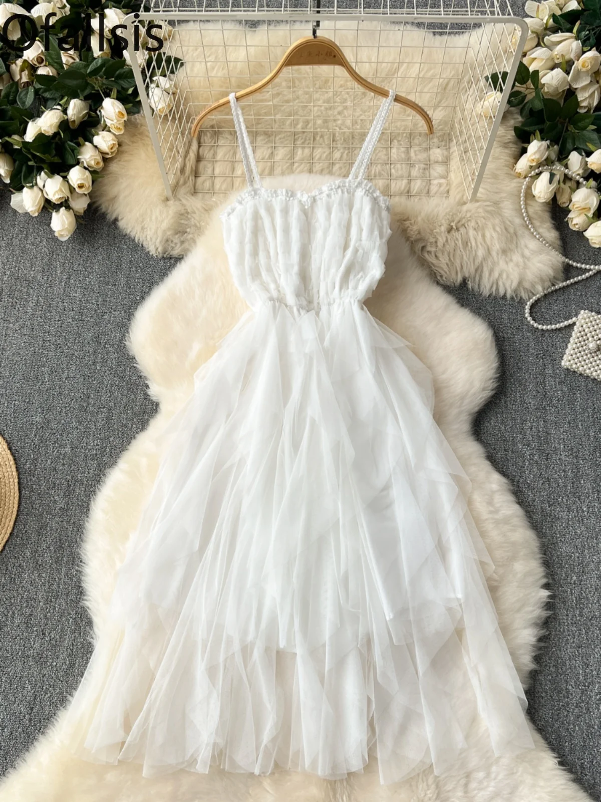 

Ofallsis White Strapless Mesh Stitching Evening Dress 2024 Summer French Sweet Gentle Style Sexy Fluffy Hanging Fairy Dresses