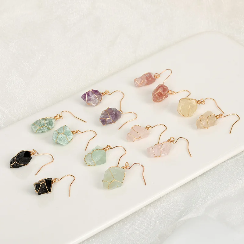 

12pairs Gold Silver Wire Wrap Rough Stone Irregular Raw Fluorite Dangle Earrings Healing Amethysts Quartz Earring Women Jewelry