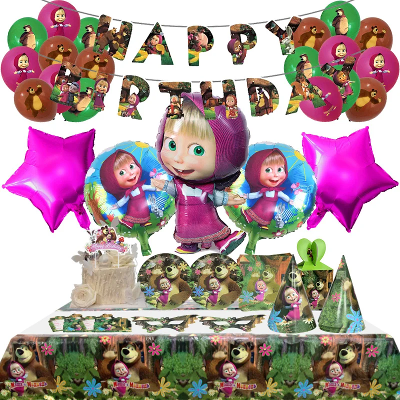 Mashass und Bär Geburtstag Party Dekoration Hintergrund Banner für Kinder Aluminiumfolie Latex Ballon Einweggeschirr Geschenk