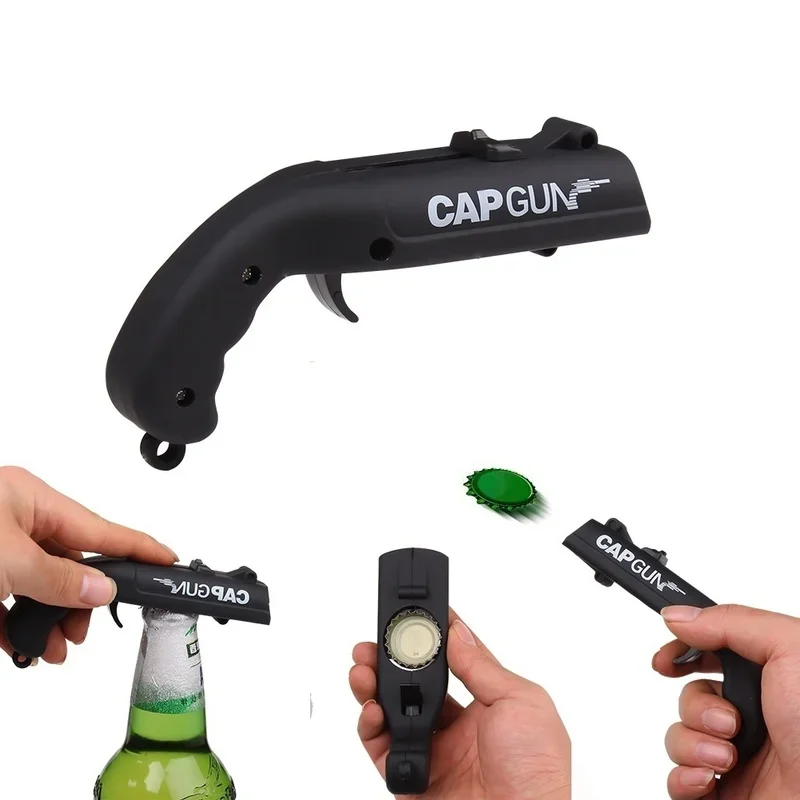 

Creative Gun Bottle Opener Portable Drink Wine Corkscrew Flying Cap Launcher Shooter Drinking Game Toy Bar Tool Kitchen Gadget