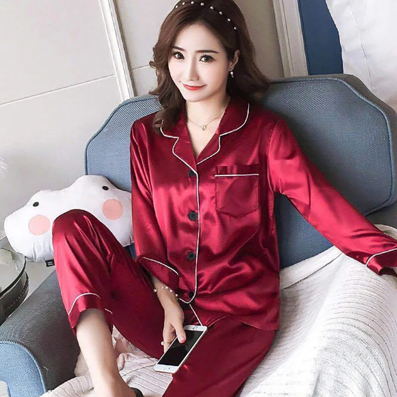 Women's Luxurious Satin Pajamas Pj Set Turn-down Collar Button Tops & Pants Sleepwear & Loungewear for Summer Home Clothes Suit