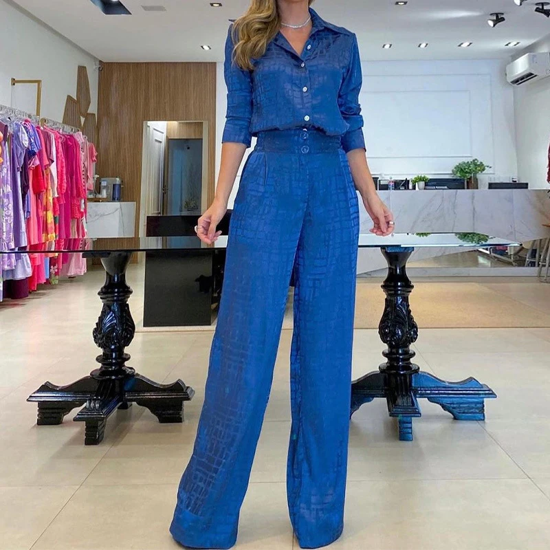 

Autumn Casual Commute Two-Pieces Set Elegant Lapel Shirts+High Waist Straight Pants Suit Fashion Long Sleeve Solid Color Outfits