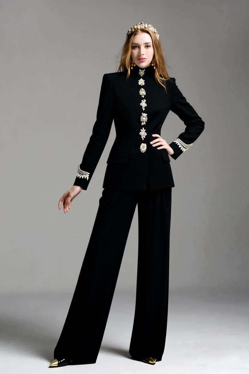 طقم بليزر أسود برقبة عالية وسروال واسع الساق مكون...