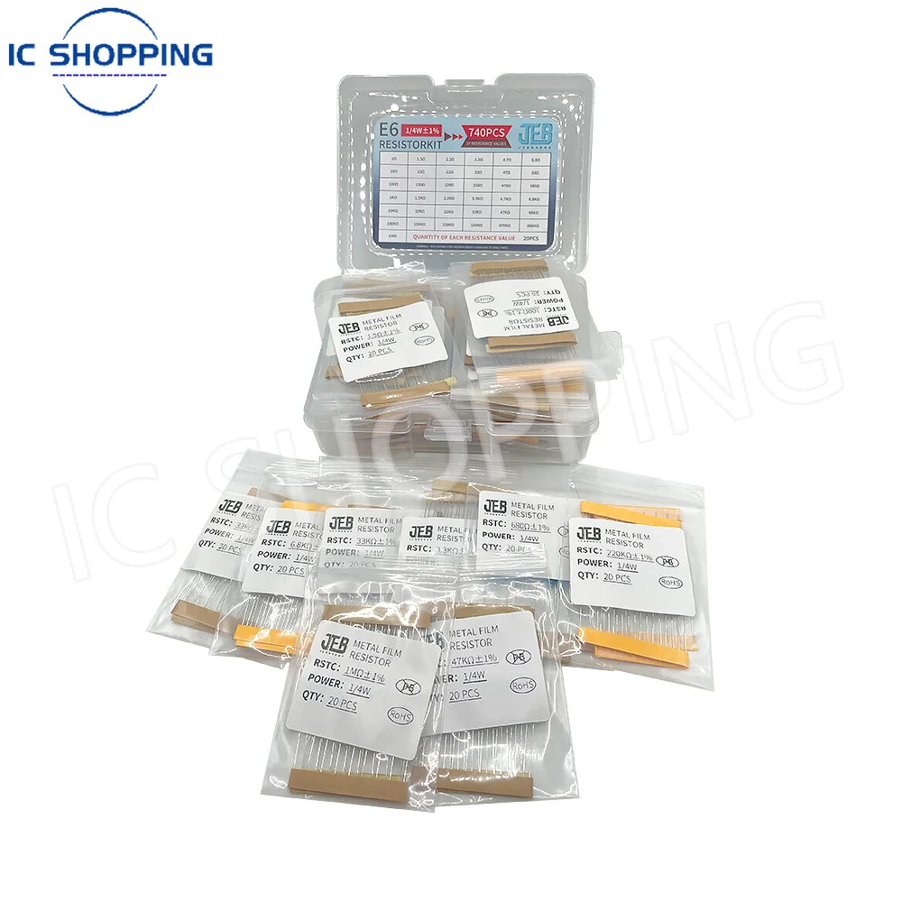 Metal Film Resistors 740PCS 1/4W Resistor Kit 37 Values 1&Omega;~1M&Omega; 0.25W 1% 5%