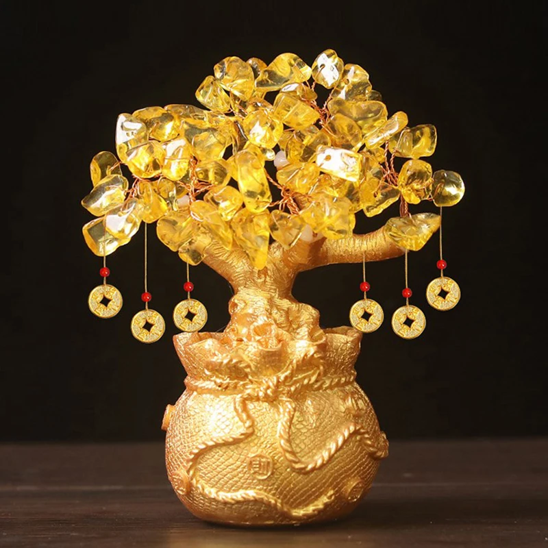 1Pc Feng Shui Yellow Lucky Wealth Trees Lemon Quartz Crystal Yuanbao Money Fortune Tree Ricchezza Luck Golden Feng Shui Ornaments