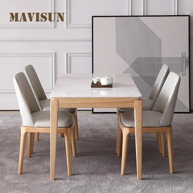 Italian-Master-Designed Marble Top Dining Table Set 4-Seater Table And Chair Combination With Solid Wood Legs Luxury Furniture