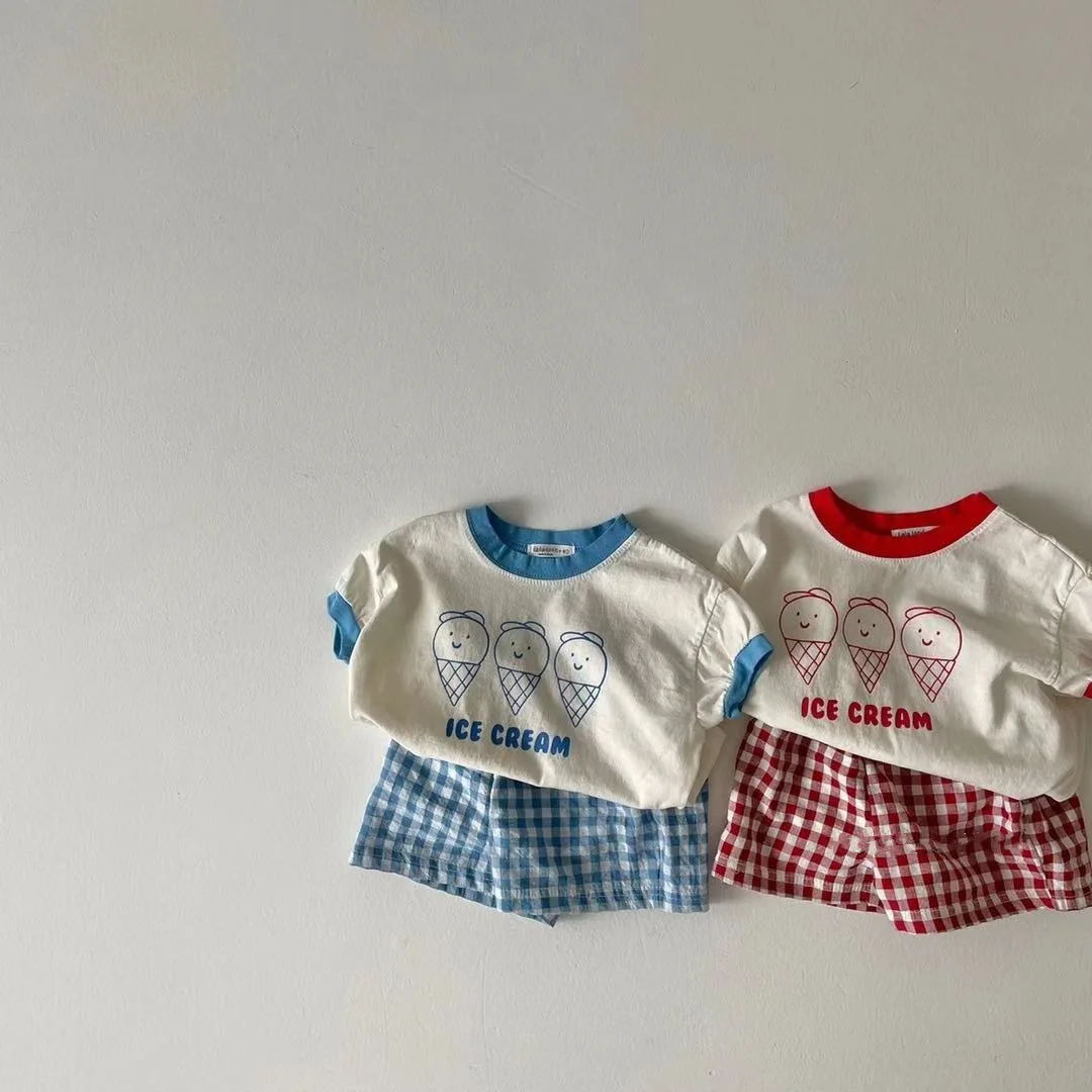 2022 Summer New Baby Cute Ice Cream Print Clothes Set Infant Boy Short Sleeve T Shirt 2pcs Set Cotton Baby Girl Plaid Shorts Set Baby Clothing Set classic