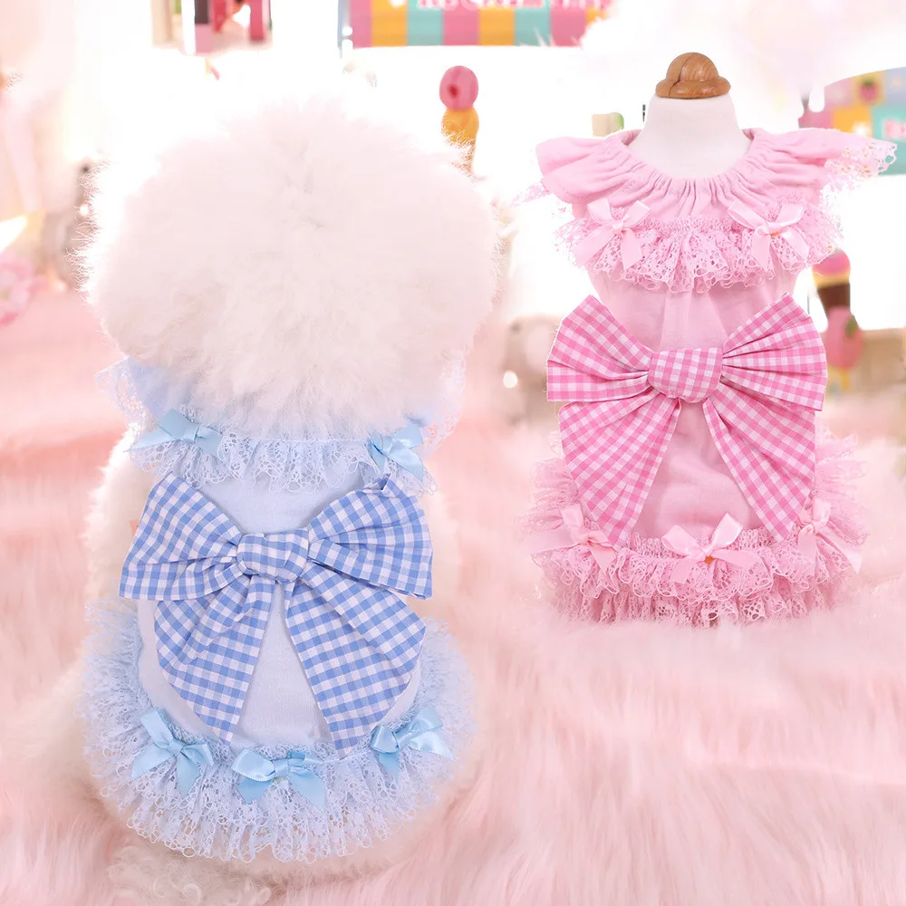 

OIMG Plaid Bow Small Dog Princess Dress For Pet Clothes Yorkies Teddy Schnauzer Spring Summer Puppy Skirt Solid Lace Dog Garment