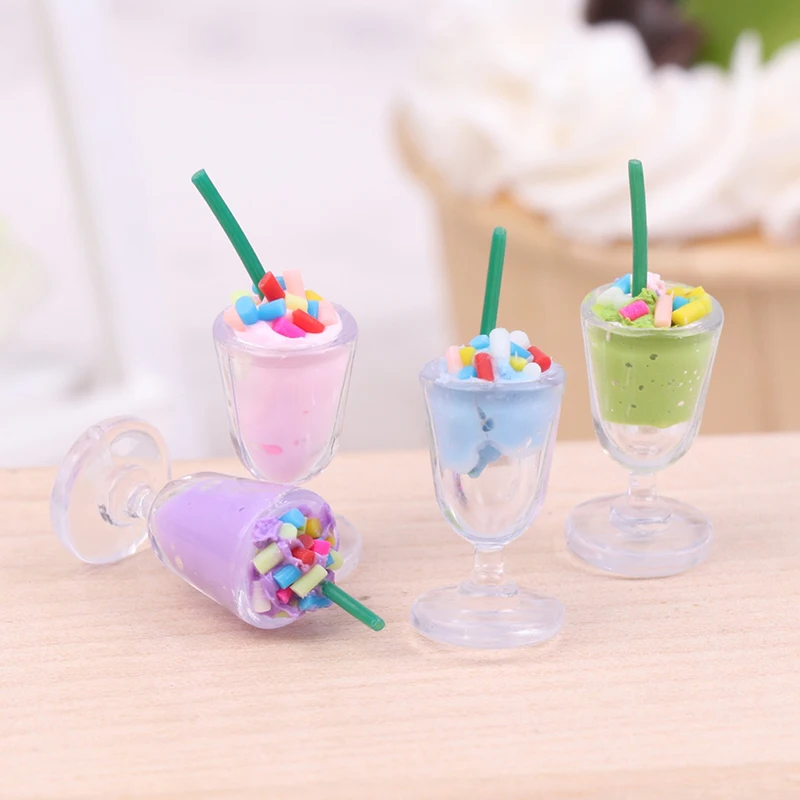 

4Pcs 1:12 Dollhouse Miniature Milkshake Ice Cream Candy Juice Cup With Straw Furniture Kitchen Living Scene Decor Play House Toy