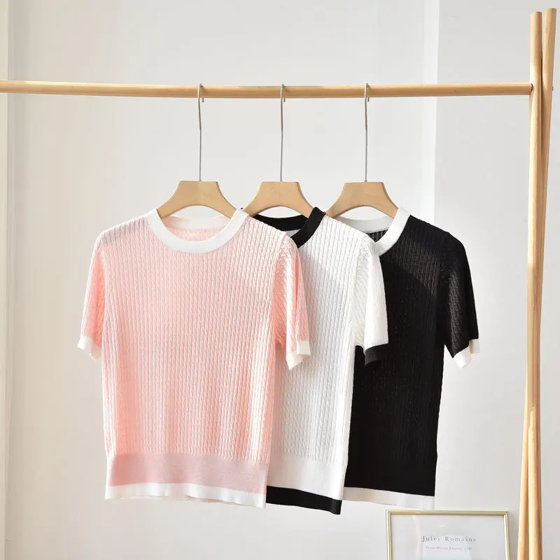 

2023 Summer New Short-sleeved Color Matching Thin Sweater T-shirt