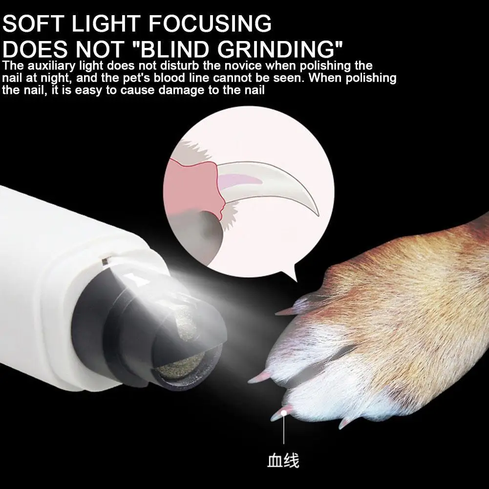 Electric Pet Nail Grinder Rechargeable USB LED Light Quiet Low Vibration Dog Cat Nail Clippers Grooming Tool For Paws White Gree