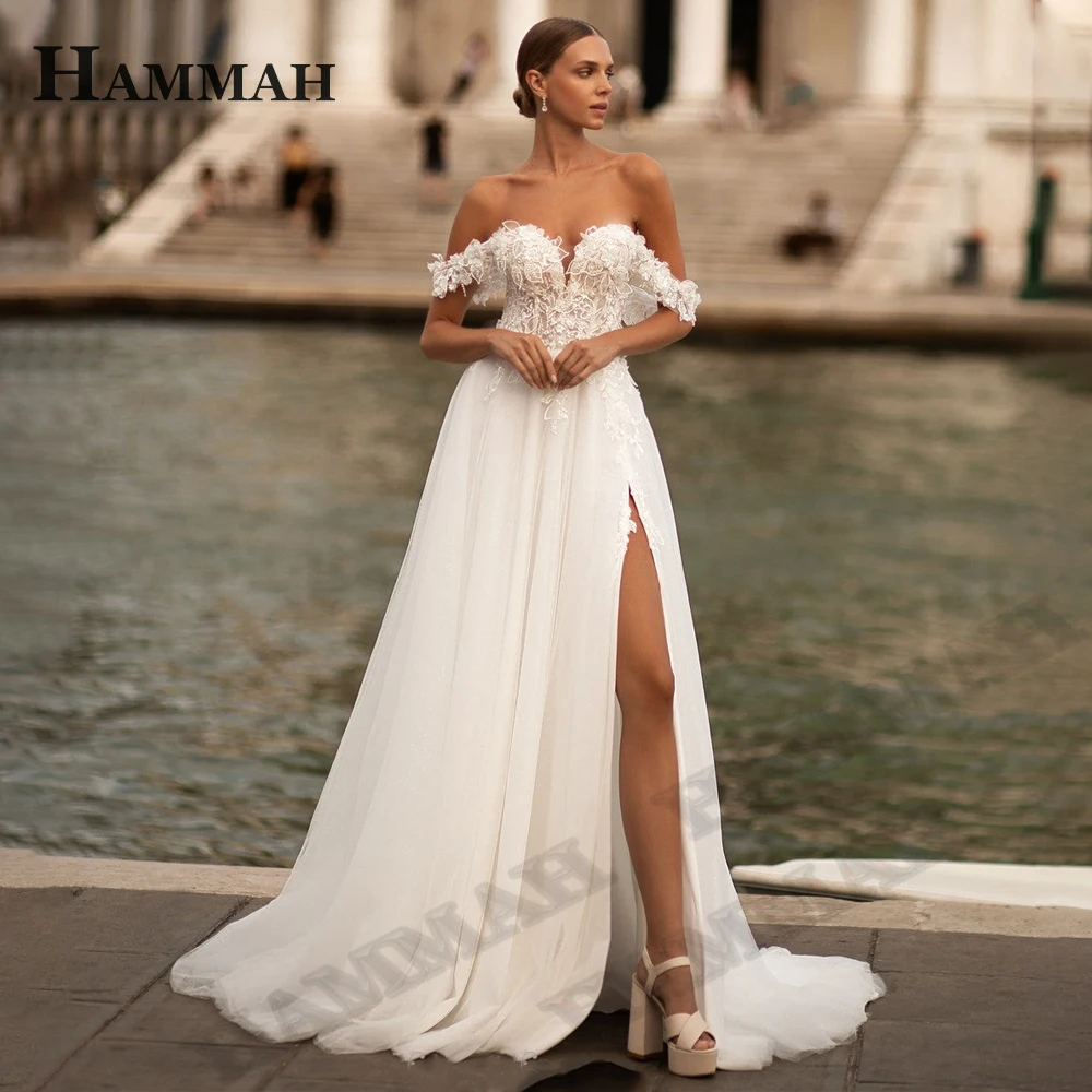 

HAMMAH Graceful Sweetheart Wedding Dresses Off The Shoulder Appliques Lace A Line Tulle Slit Backless Corset Robe De Mariee