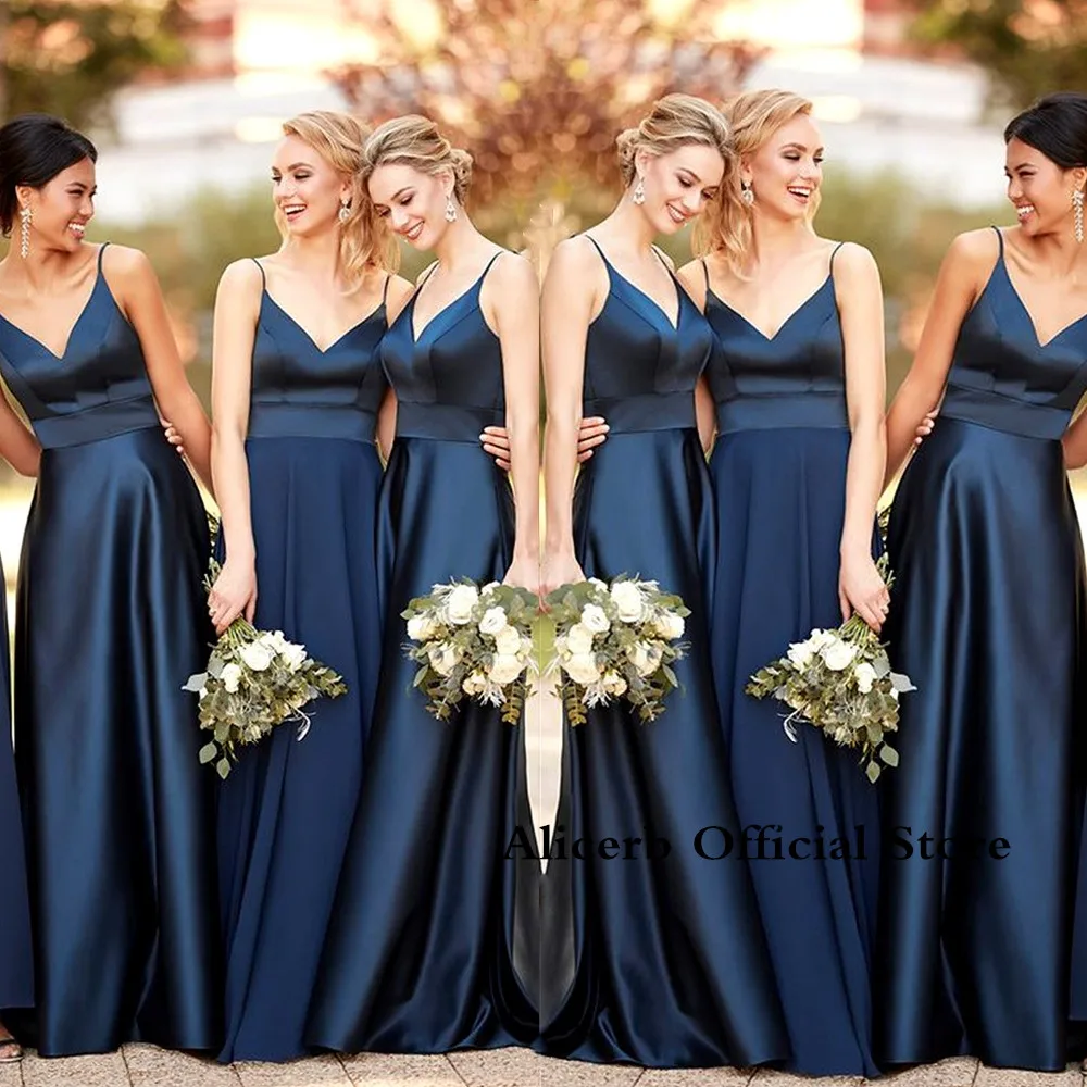 

Navy Blue Bridesmaid Dresses Long 2022 A-Line Satin Spaghetti Straps Wedding Party Dress For Bridesmaid Group Dress On Sale