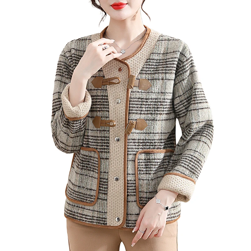 

Women's Weave Plaid O Neck Blazer with Pocket, Casual Tweed Coat, Elegant Office Ladies Suit Jacket