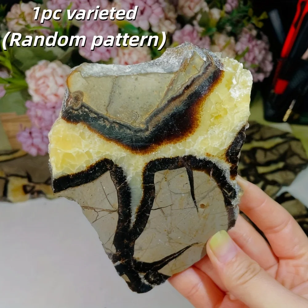 1 צלחת אבן שבעה שכבות טבעית - חתיכת אבן מלוטשת טבעית עם אדמה בגוון חום/זהב/שחור/בז'/חום