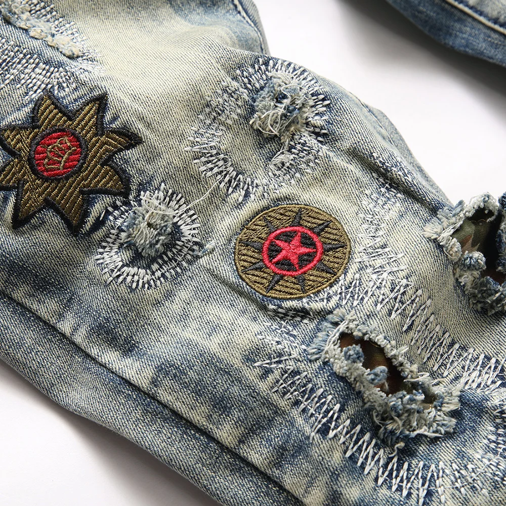 Men Badge Patch Denim Jeans Embroidery Patchwork Ripped Distressed Pants Slim Tapered Stretch Trousers 5