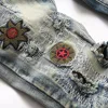 Men Badge Patch Denim Jeans Embroidery Patchwork Ripped Distressed Pants Slim Tapered Stretch Trousers 5
