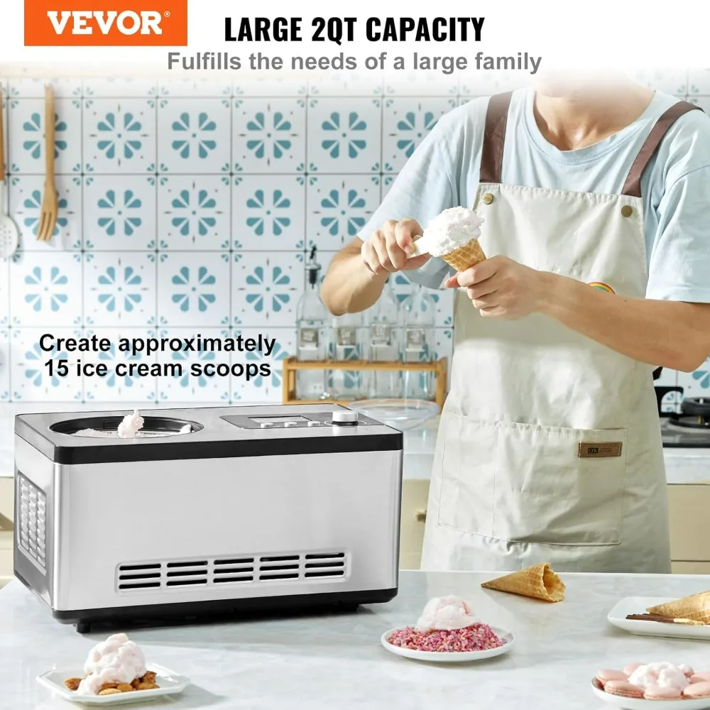 Automatic Ice Cream Maker with Built-in Compressor, 2 Quart No Pre-freezing Fruit Yogurt Machine, Stainless Steel 2