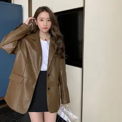 2023 Popular Coffee Leather Suit Jacket Women Spring Korean Design Loose Casual Sinle Breasted Trendy Blazer Coat Chaqueta Z671