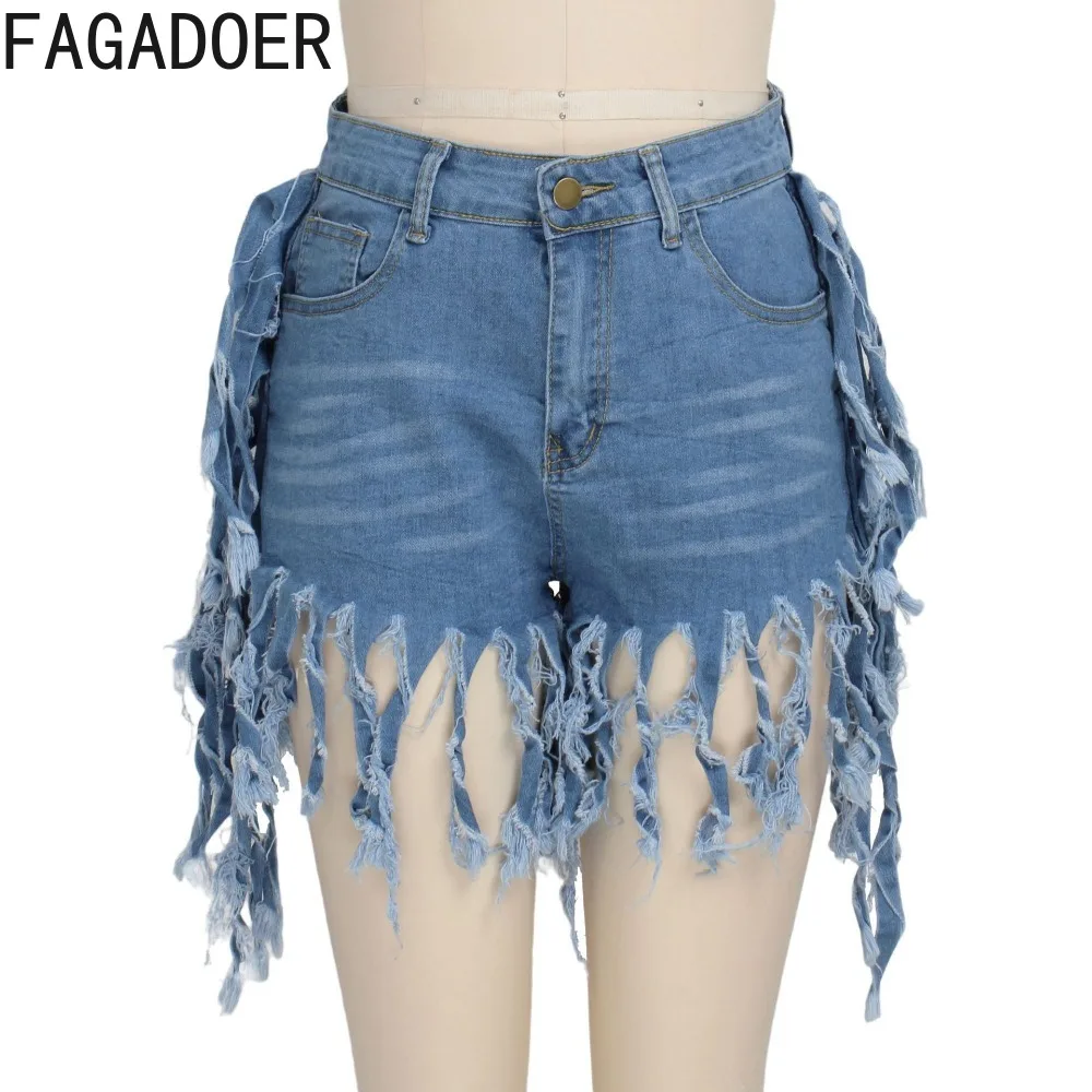 FAGADOER Summer New Denim Tassels Shorts Women High Waisted Button Elasticity Skinny Shorts Fashion Female Solid Cowboy Bottoms