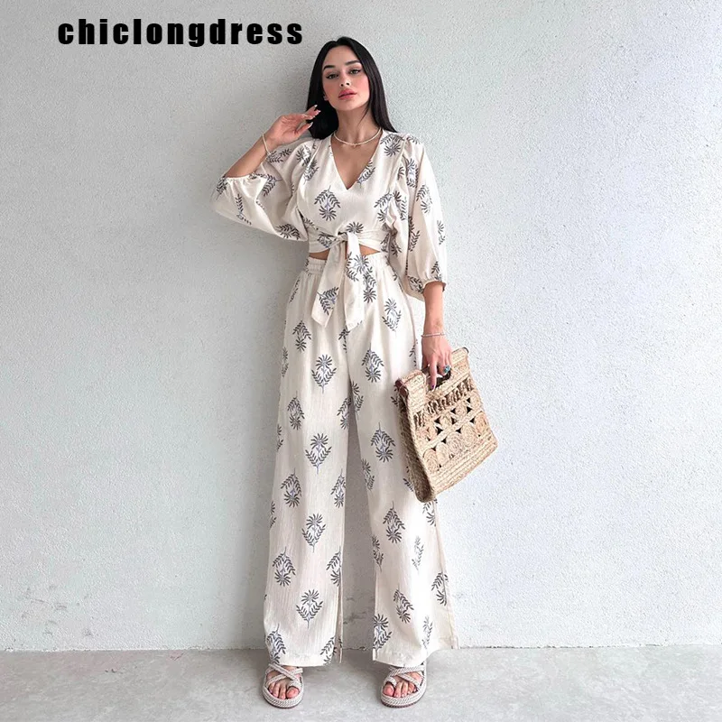 

Summer Fashion Print Two Piece Set Women Causal Lace Up Puff Sleeve Top Wide Leg Pants Two Piece Set Women