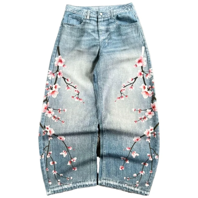 Y2K Fashion Washed Old Geometric Cherry Blossom Oversized Printed Baggy Jean Female Harajuku Popular Casual Joker Wide-leg Pants 1
