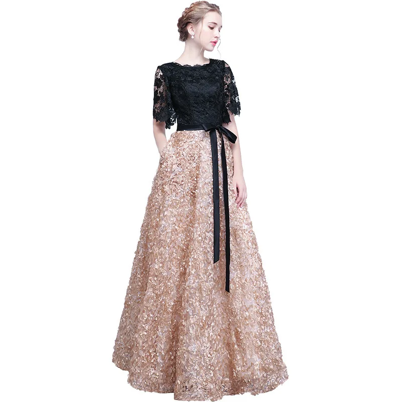LANMU Vintage Black A-Line Lace Long Evening Dresses Half Sleeves Beaded scoop neck long appliques evening dress prom dress