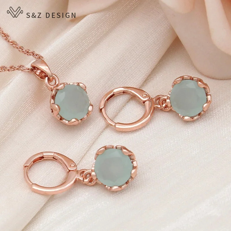 S&Z DESIGN New Trendy Cute Cubic Zirconia Round Flowers Dangle Earrings Jewelry Sets For Women Wedding Party Pendant Necklace