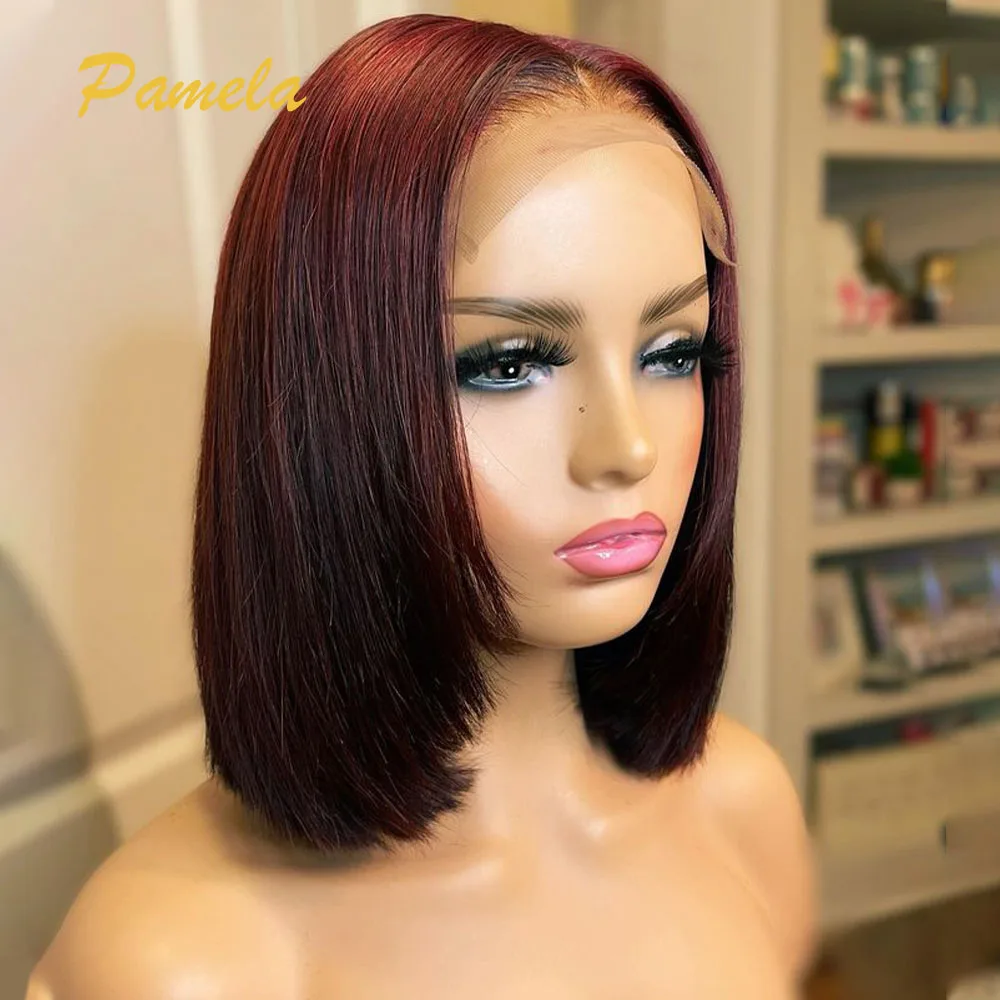 Short Bob Bone Straight 9x6 Transparent Lace Closure Wig Ombre 1b Burgundy Blonde Colored Human Hair Glueless Wig Ready To Wear