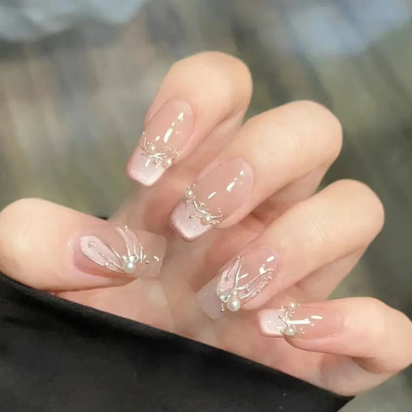 

10Pcs Gentle Coffin Handmade Press On Nails False Nails Ballet Full Cover Bowknot Pearl Manicure Decoration Wearable Nail Tips
